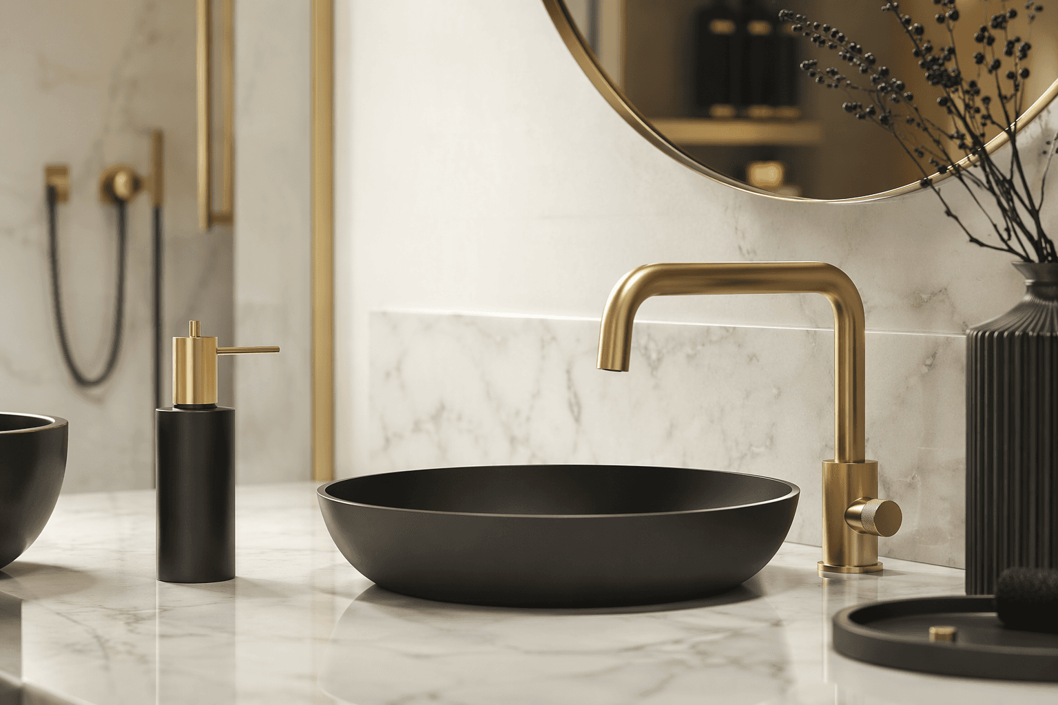 Hand turning a matte black faucet over marble