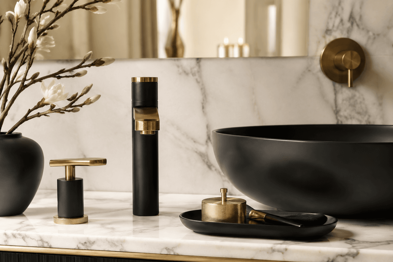 Styled ivory marble countertop with matte accessories